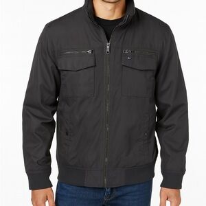 Tommy Hilfiger Black Bomber Jacket with Stand-Up Collar hidden hat. NWOT